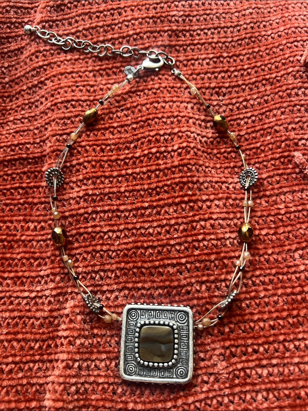 Chico's Brown and Silver Square Pendant Multi-Strand Necklace